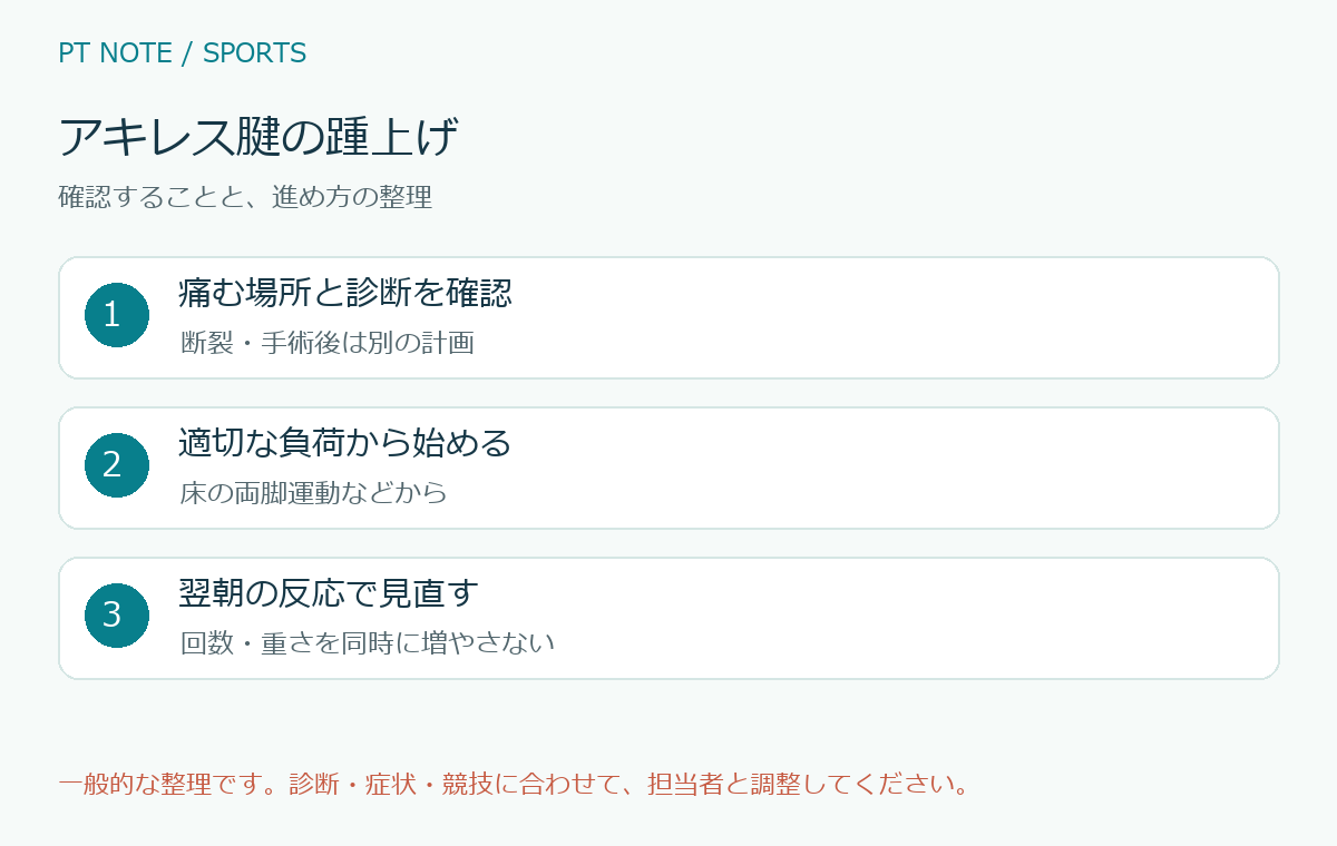 アキレス腱の踵上げの確認項目と進め方を整理した図