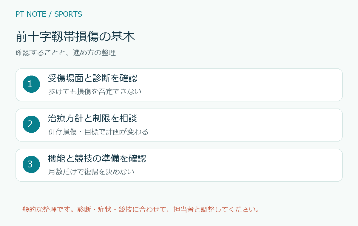 前十字靱帯損傷の基本の確認項目と進め方を整理した図