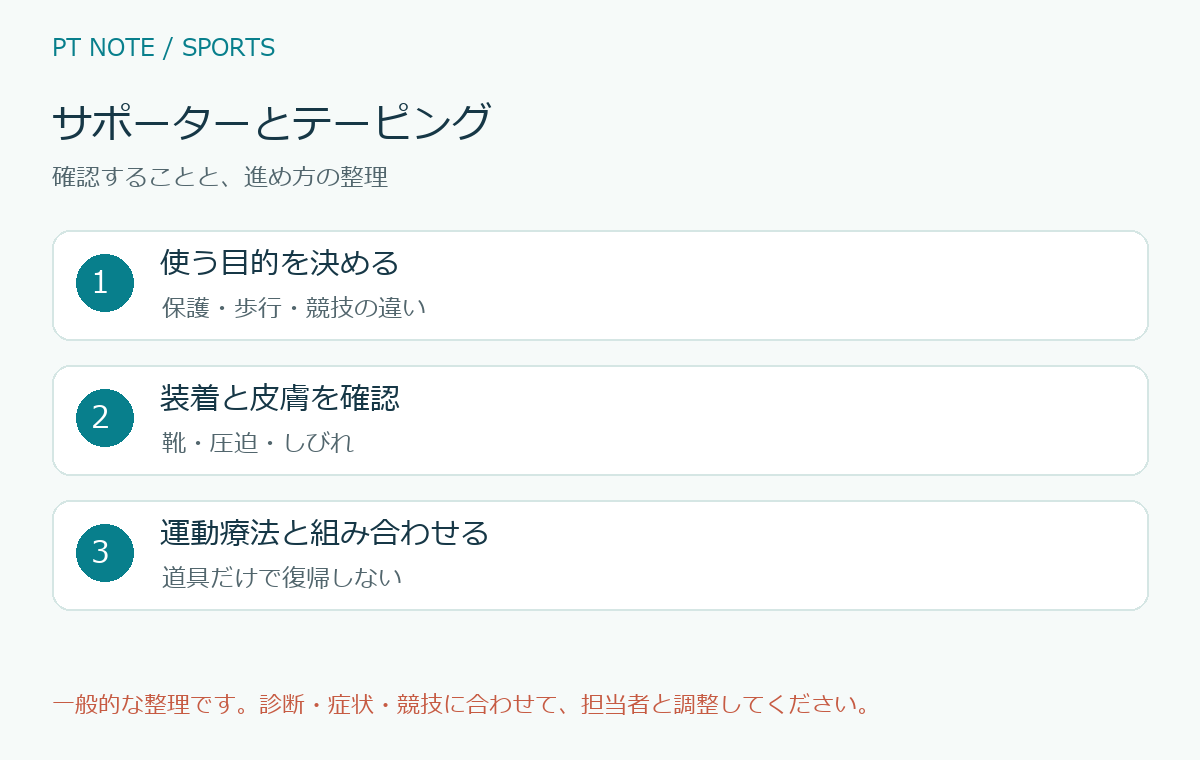サポーターとテーピングの確認項目と進め方を整理した図