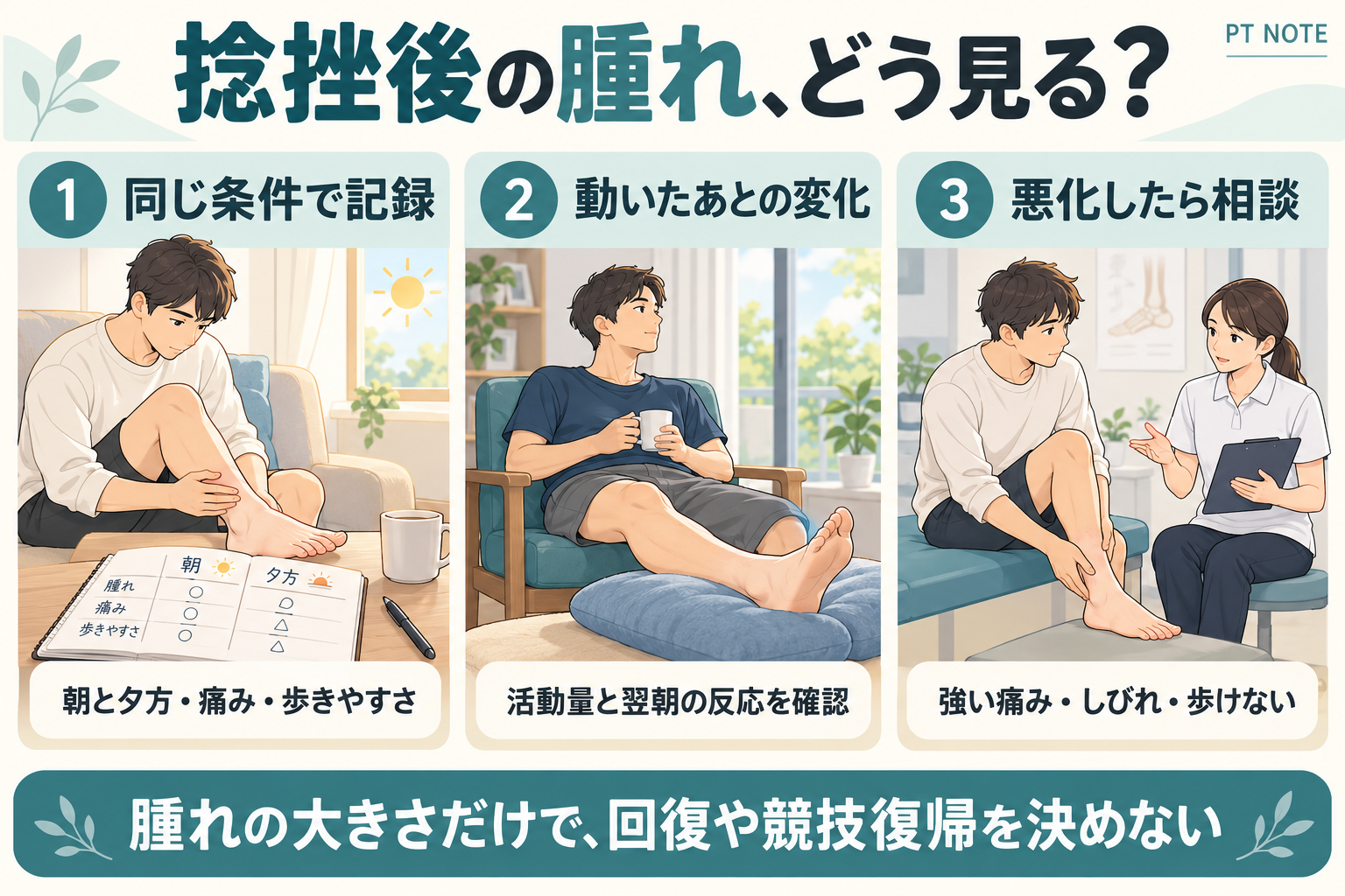 捻挫後の腫れの見方。同じ条件で朝夕の腫れ・痛み・歩きやすさを記録し、活動量と翌朝の反応を確認する。強い痛み・しびれ・歩けないなど悪化時は相談する。
