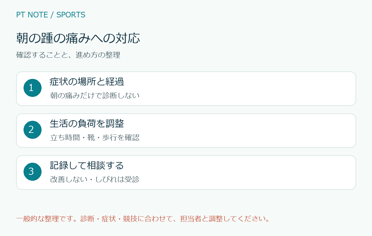 朝の踵の痛みへの対応の確認項目と進め方を整理した図